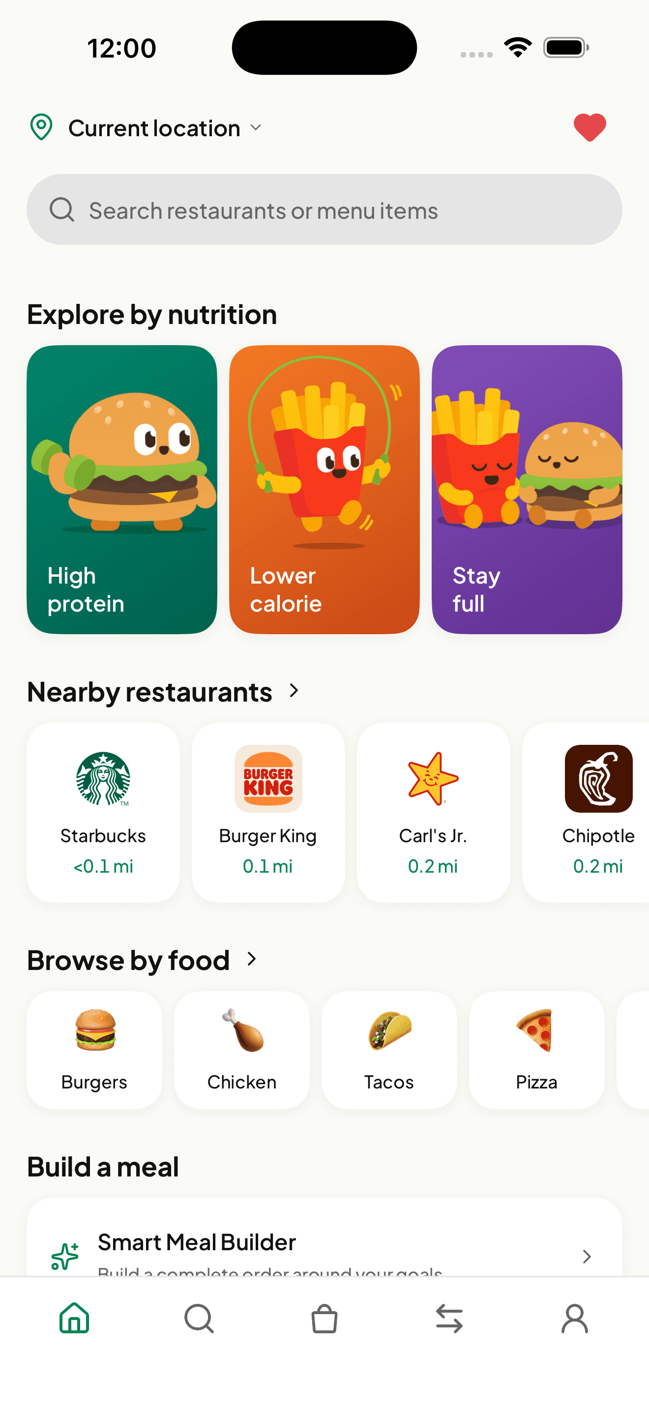 FatChance home screen with nutrition goals and nearby restaurants