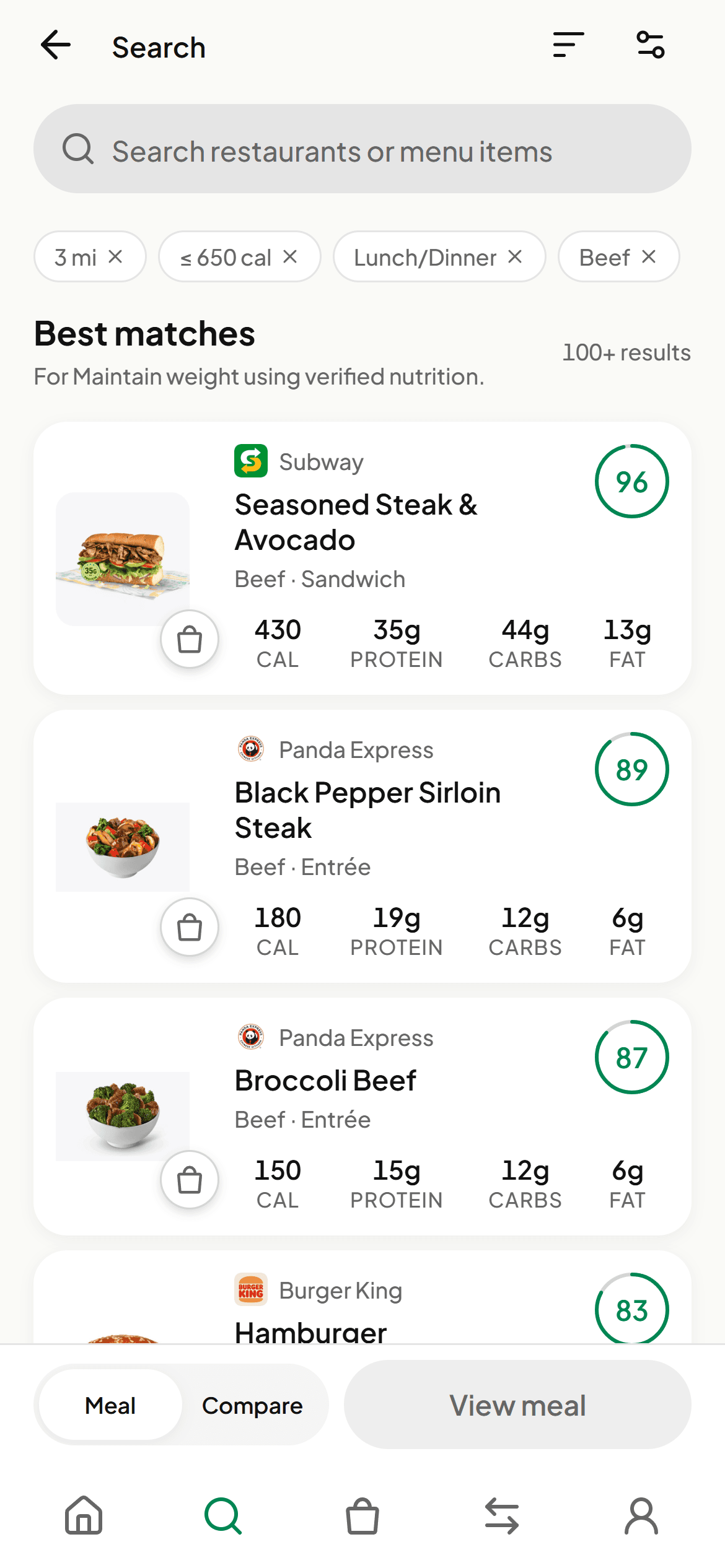 FatChance filtered results ranked by personal nutrition goals