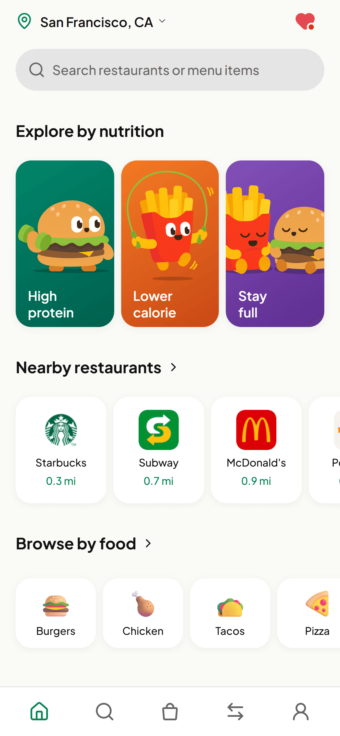 FatChance home screen with nutrition goals and nearby restaurants