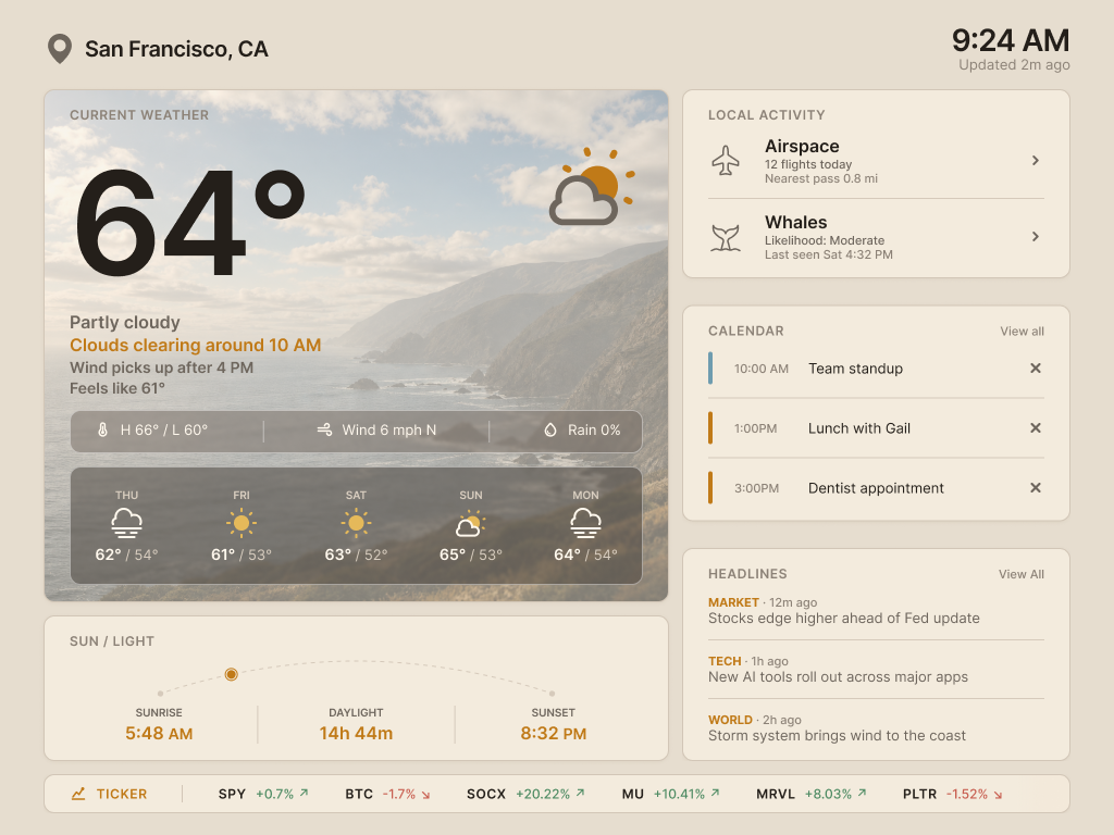 Coastal Home Dashboard daytime glance view