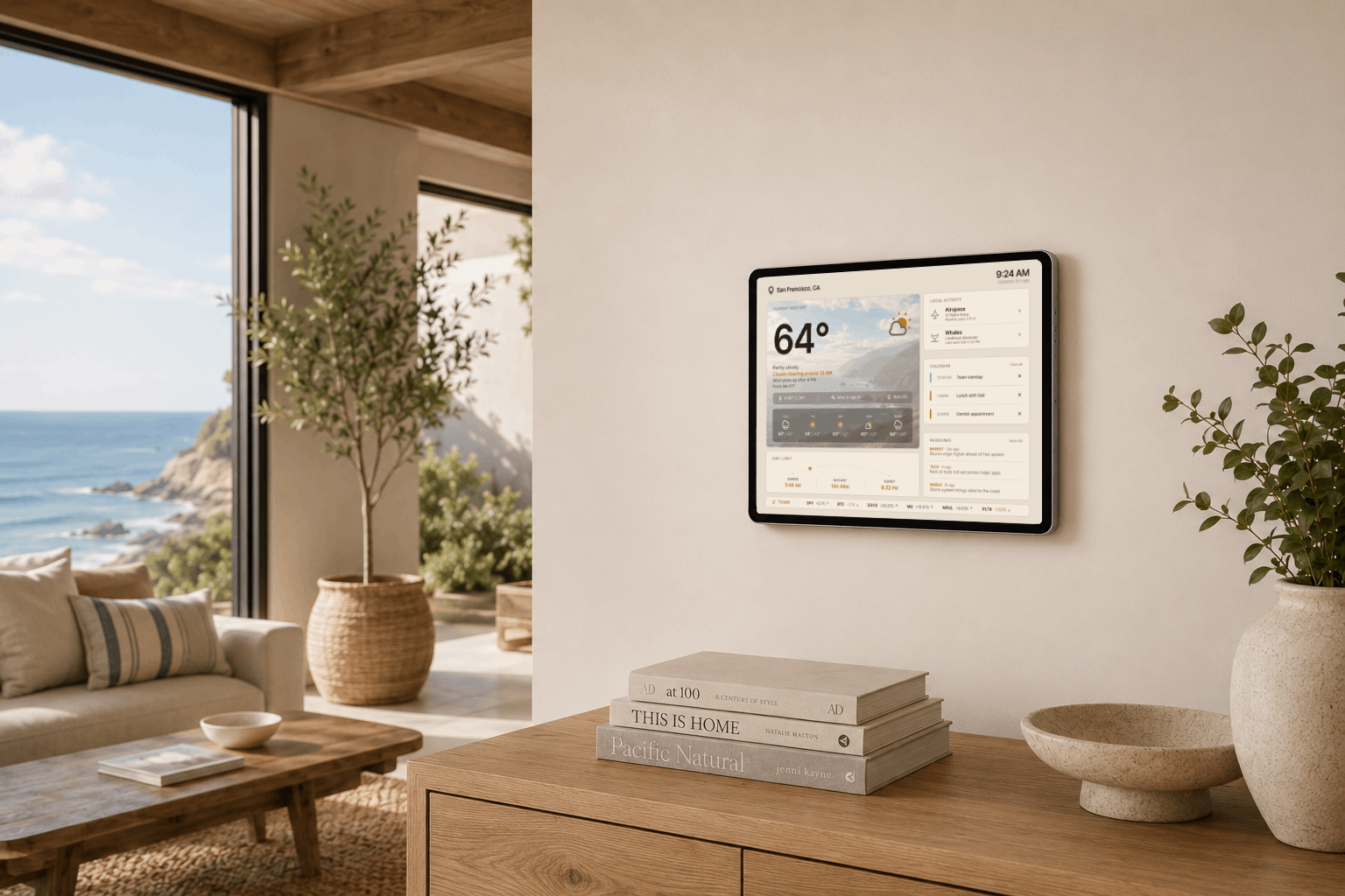 Wall-mounted Coastal Home Dashboard in a coastal living room