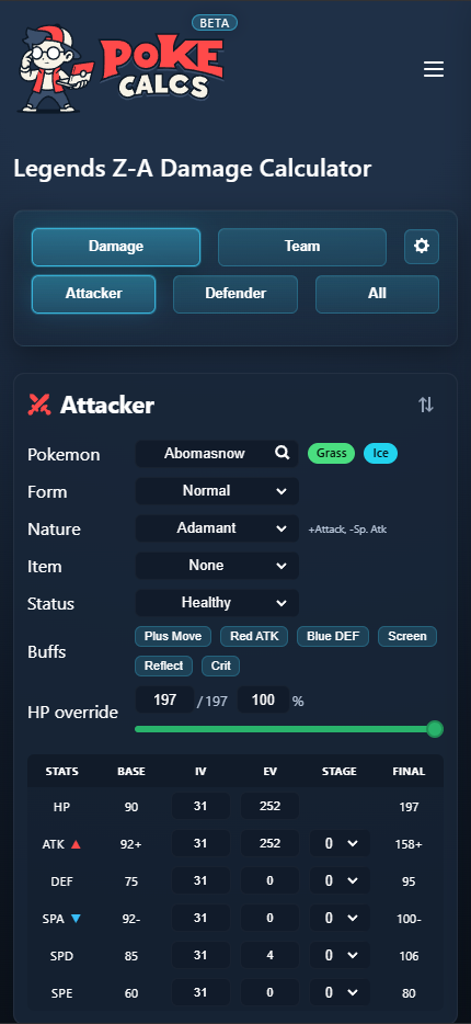 Mobile layout of PokeCalcs