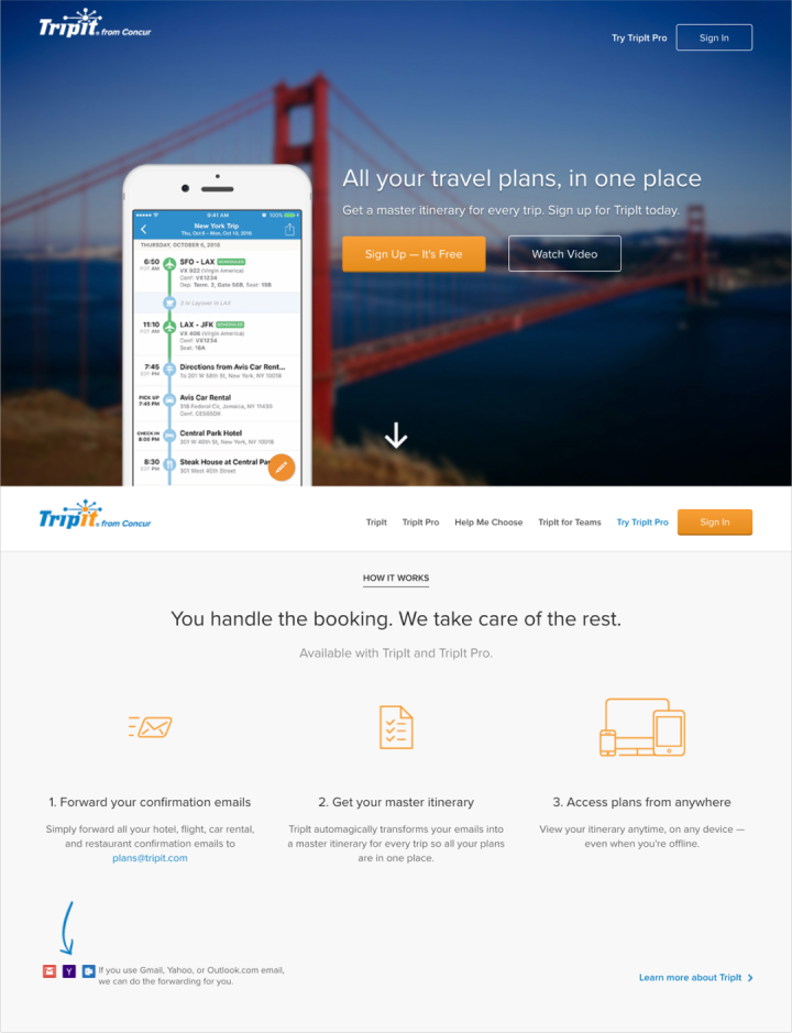 Original TripIt homepage before redesign